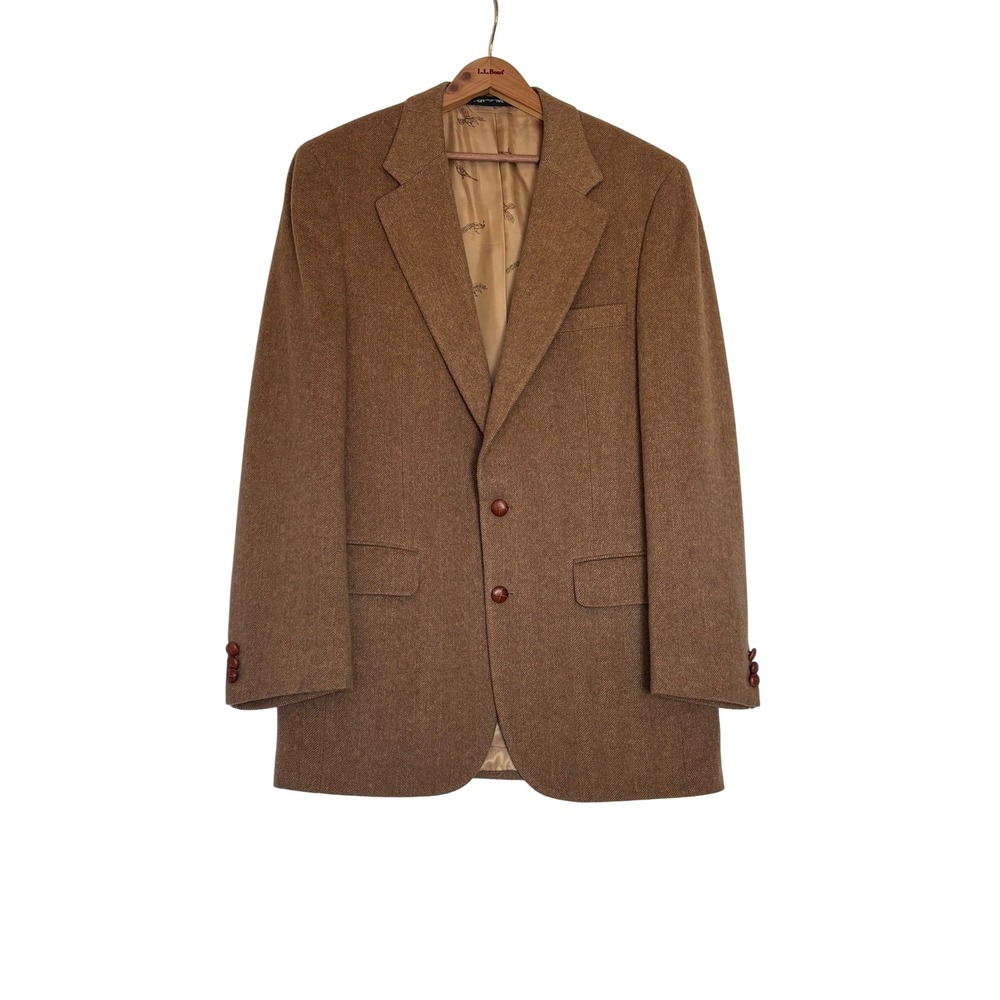 Vintage 100% Camel Hair Herringbone Blazer Sport Coat Brown Tailored in USA 42R